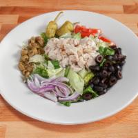 Grilled Chicken Salad · Frank's lettuce mix with diced grilled chicken, red onion, tomato, black and green olive, an...