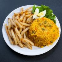 Arroz con Pollo · Shredded chicken mixed with rice, peas, carrots, beef sausage, served with fries and a hard-...