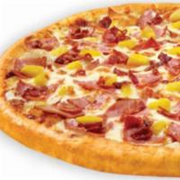MAUI Topper Pizza · Semi-sweet BBQ sauce topped with 100% real Wisconsin mozzarella cheese, Canadian bacon, pine...