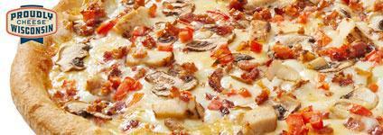 Cheesemaker CBR Pizza · Ranch sauce topped with our 4-cheese Wisconsin cheesemaker blend, grilled chicken, diced tomatoes, mushrooms and Applewood smoked bacon.