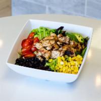Southwest Chicken Salad · Spring mix, romaine lettuce, all-natural chicken, avocado, black beans, edamame, tomatoes, c...
