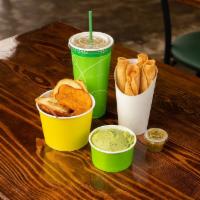 Combo 1 · Choice of 4pk tacos, 5oz dip, side, 1oz green salsa, option add 22oz drink