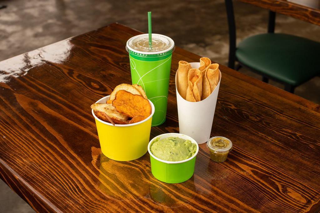 Combo 1 · Choice of 4pk tacos, 5oz dip, side, 1oz green salsa, option add 22oz drink