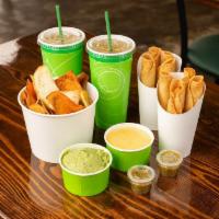 Combo 2 · Pick any 2- 3 pack tacos, 2- 5oz dips, large side, 2oz green salsa, option add 2 22oz drinks