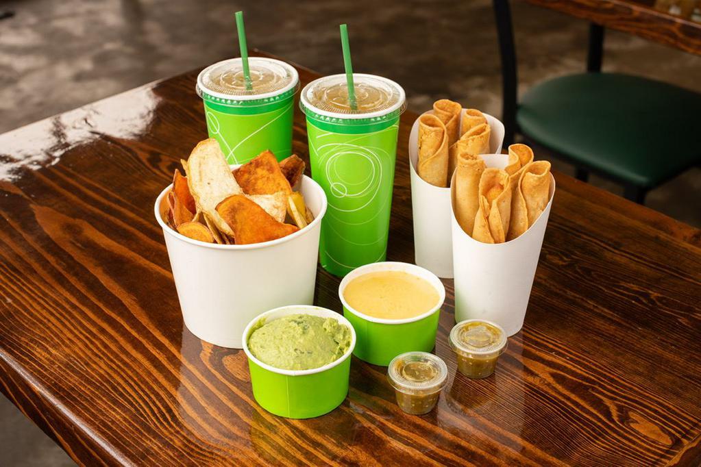 Combo 2 · Pick any 2- 3 pack tacos, 2- 5oz dips, large side, 2oz green salsa, option add 2 22oz drinks