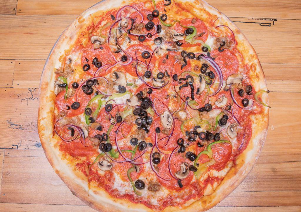 Loaded Whole Pie · Red Sauce, Mozzarella, Pepperoni, Sausage, Onions, Mushrooms, Black Olives, Bell Peppers