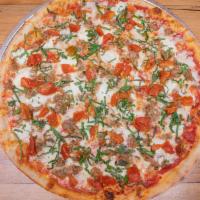 Sausage Ricotta Basil Whole Pie · Red Sauce, Mozzarella, Ricotta, Sausage, Basil, Herb Roasted Tomatoes