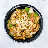 28. Cashews · Stir-fried with pea pods, green peppers, onions, carrots, mushrooms, water chestnuts, and ce...