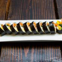 GimBap · Korean style sushi roll. Rice rolled in seaweed with vegetables.