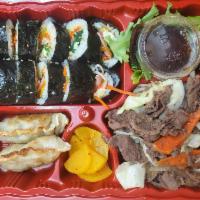 Gimbap and Bulgogi Box · Includes a roll of gimbap, bulgogi, 2 pieces dumplings and salad.