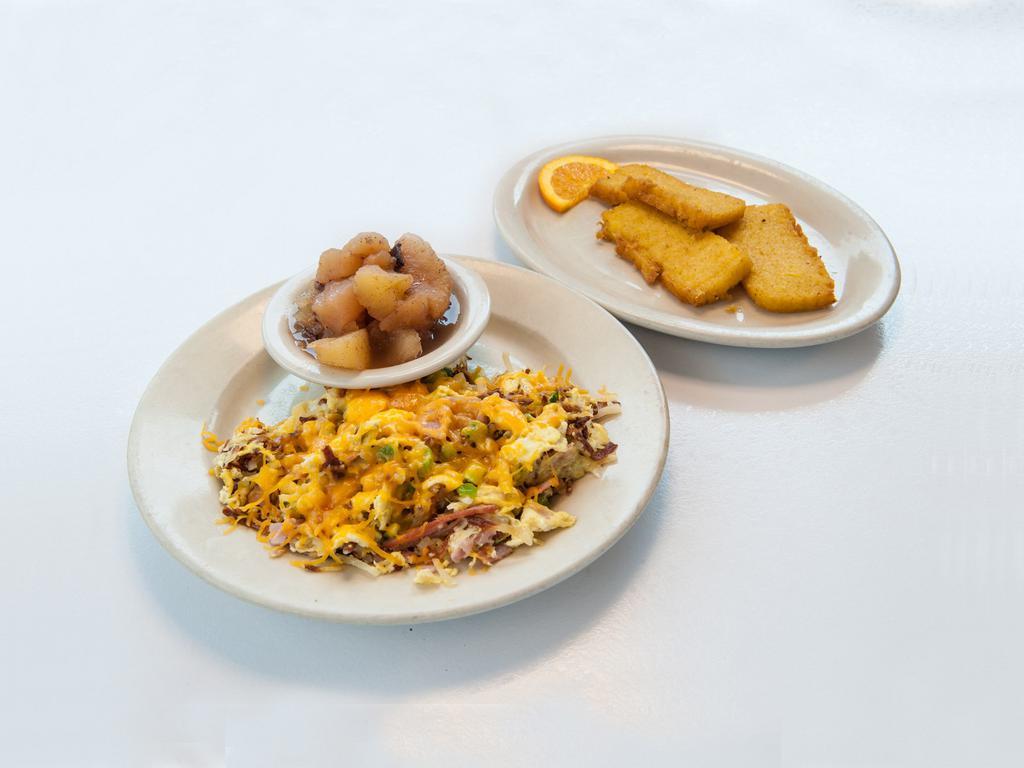 Eggs O'Brien · Scrambled eggs with hash browns, green pepper, green onion and chedder cheese.