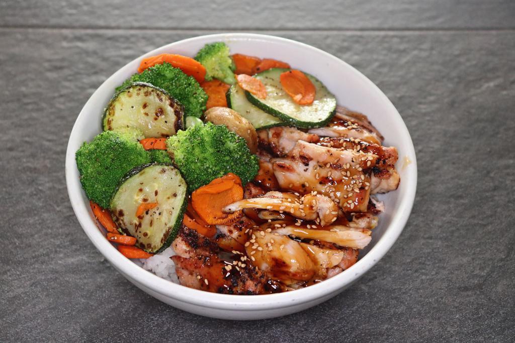 Grilled Chicken Teriyaki Bowl · Grilled chicken, sauteed veggies, steamed white rice and miso soup or green salad.