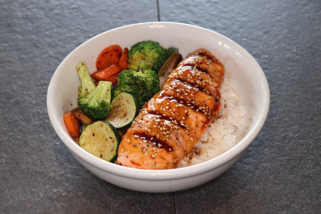 Grilled Salmon Teriyaki Bowl · Grilled salmon, sauteed veggies, steamed white rice and miso soup or green salad.