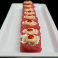 Scotty Roll · Crab inside wrapped with tuna & topped with spicy mayo and Sriracha, no rice. Spicy.
