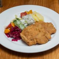 Chicken Schnitzel  · Served with potato salad , tomato salad, cabbage salad and cucumber salad. No substitutions