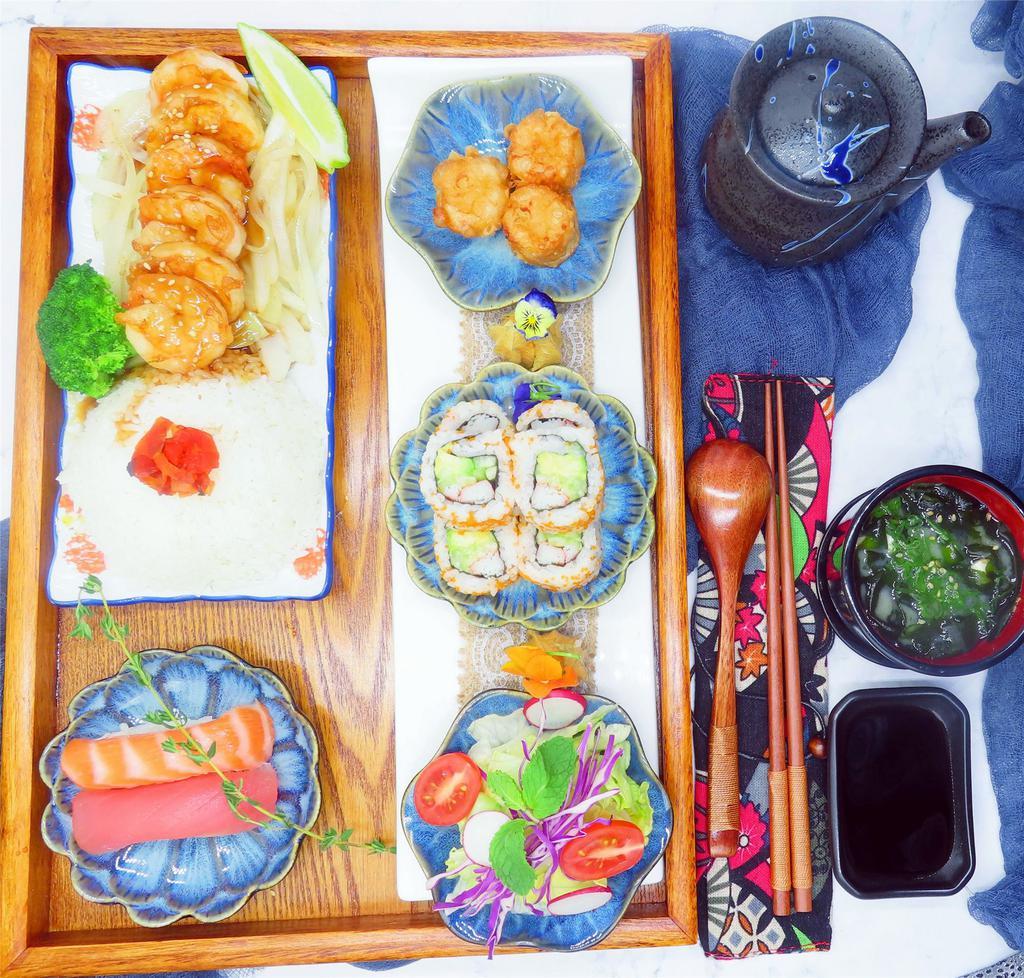Shrimp Teriyaki Bento Box · Served with miso soup, green salad, California roll, shumai, sushi and rice.