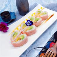 S12. Pink Lady Roll · Inside: cucumber, avocado, mango and peanut. Outside: mango sauce wrapped with soy paper (pi...
