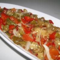 Eggplant Salad · Char-grilled smoked eggplant mixed with chopped red and green pepper, dill, garlic and olive...
