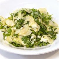 Arugula and Pear Salad · Fresh arugula with thinly sliced pear, walnuts, blue cheese, dried cranberries, olive oil an...