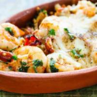 Shrimp Casserole · Prime quality jumbo shrimps, oven baked in a clay pot with tomatoes, green and red peppers, ...