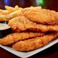 Chicken Tenders · Five chicken tenders with french fries. Served with your choice of honey mustard or BBQ sauce.