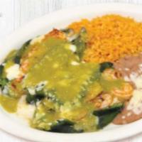 Dee's Poblanos · Two poblano peppers stuffed with grilled shrimp, rice and beans. Served with three tortillas...