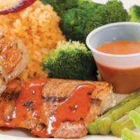 Grilled Mango Salmon & Shrimp · Grilled Atlantic salmon and shrimp. Served with rice, broccoli and asparagus.