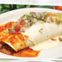 Burrito Zapata · Steak, chicken, shrimp, pork, cheese, green sauce, red sauce, topped with pico de gallo.