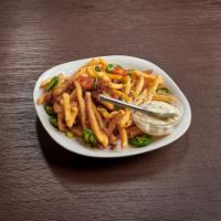 Loaded Fries · Loaded with queso cheese, bacon, fresh jalapenos and scallions served with ranch or sour cre...