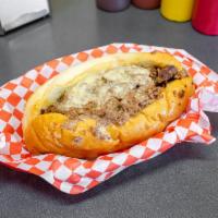 4. Belly Buster Original Cheesesteak Sandwich · Seasoned beef rib steak with melted white American cheese on a soft Italian roll. 