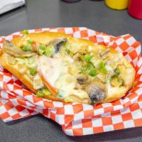 13. The Cheese Veggie Deluxe Sandwich · Mushrooms, grilled onions, bell peppers, covered in melted white American cheese with lettuc...