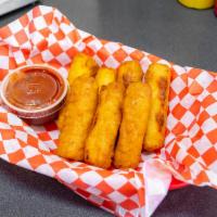 61. Mozzarella Sticks · 7 Mozzarella sticks with a marinara sauce on the side.