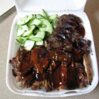 Chicken & Steak Combo · Served with rice and salad.