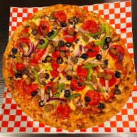 Supreme Pizza · Homemade pizza served with pepperoni, sausage, mushroom, red onion, green pepper, & black ol...