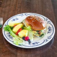 Sunrise Sandwich  · Apple chicken sausage, kale, and egg white frittata, swiss cheese, pesto, brioche bun, every...