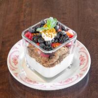 Yogurt Parfait · Greek yogurt, fresh berries, granola, and bee pollen house made blueberry bread.