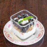 Baklava Yogurt Parfait · Greek yogurt, blueberries, and baklava crumble.