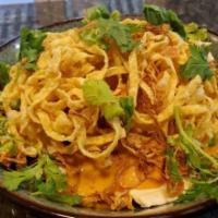 Savvy Khao Soi · Spicy. Northern thai red curry SAUCE, serve with egg noodles, tangles crispy noodles, chicke...