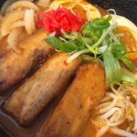 Spicy Miso Ramen · Spicy. Ramen noodles, spicy miso broth, ajitsuke egg, caramelized pork belly, pickled ginger...