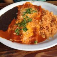 2 Enchilada Plate · Two flour tortillas filled with your Choice of Meat and jack cheese then smothered in our ho...
