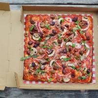 Veggie Pizza Whole · Roasted mushrooms, mixed olives, red onion, Calabrian chilies, aged mozzarella, red sauce, p...