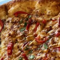 Spicy Thai Pizza · Garlic chicken, roasted red peppers, crushed red peppers and cilantro on a spicy peanut sauc...
