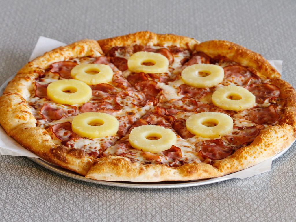 Don Ho Pizza · Canadian bacon and pineapple on a sea of cheese.
