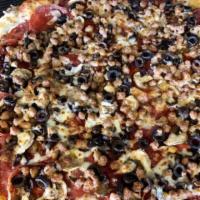 Genoa Pizza · Genoa salami, mushrooms, olives, pepperoni and Italian sausage.