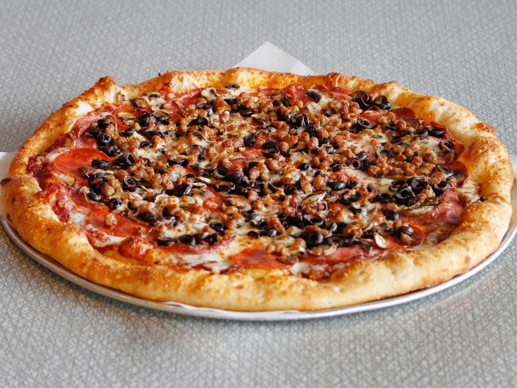 Sch'Meat'za Pizza · Genoa salami, pepperoni, Canadian bacon, crumbled Italian sausage, ground beef, bacon and sliced spicy Italian sausage link.