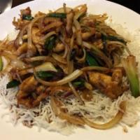 Mongolian Plate · Stir-fried with scallions and onions in a sweet brown sauce. Served on a bed of crispy rice ...