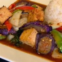 Eggplant Delight · Stir-fried with spicy homemade delight, onion and bell peppers. Served with white rice. Subs...