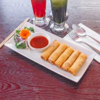 2. Spring Rolls · Deep-fried rolls stuffed with silver noodles, carrots, and cabbages. Served with sweet and s...