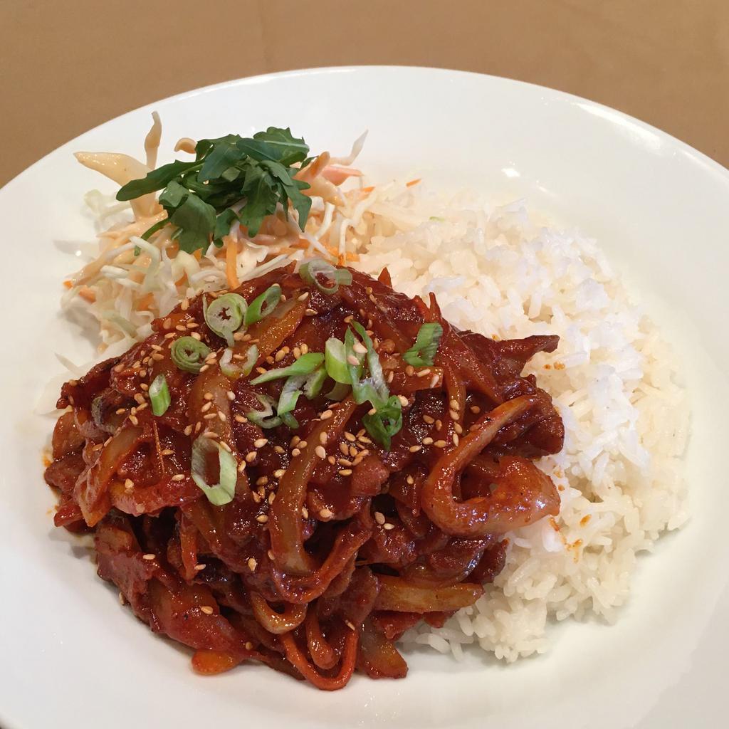 Spicy Pork with RIce · Marinated pork stir fried with vegetables ina spicy marinade.