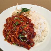 Stir Fried Squid with Rice · Stir fried squid with vegetables in a gochujang marinade.